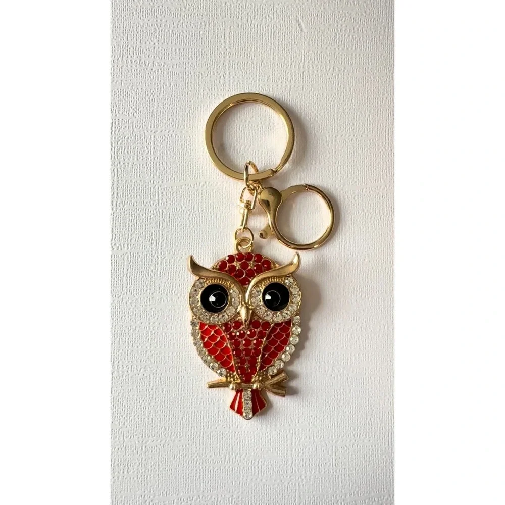 Mint Owl‎ Rhinestone Keychain Gold Bling Crystal Purse Charm Keyring Red
